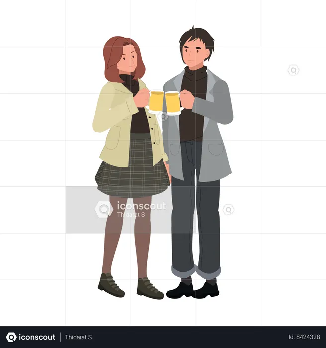 Happy Couple Making a Toast with Beer  Illustration