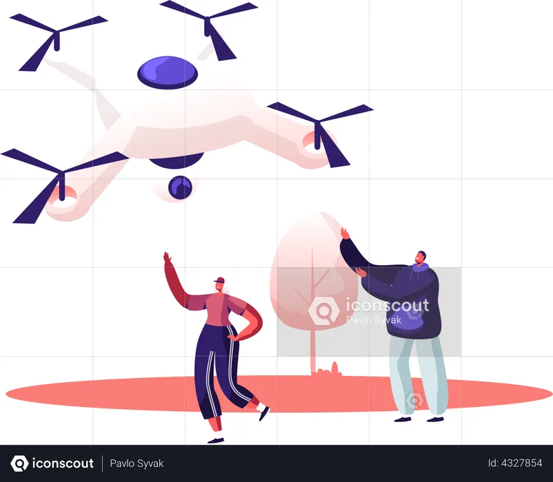 Happy Couple of Man and Woman Waving Hands to Flying in Sky Drone  Illustration