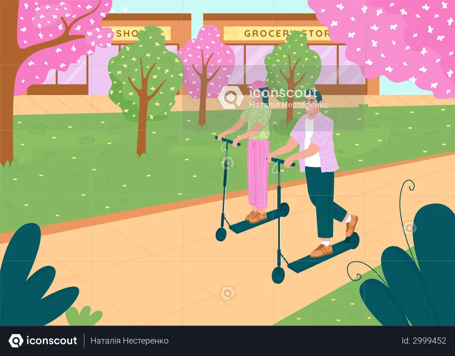Happy couple riding electric scooters  Illustration