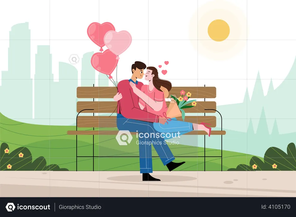 Happy couple sitting on a bench enjoy their valentine in park  Illustration
