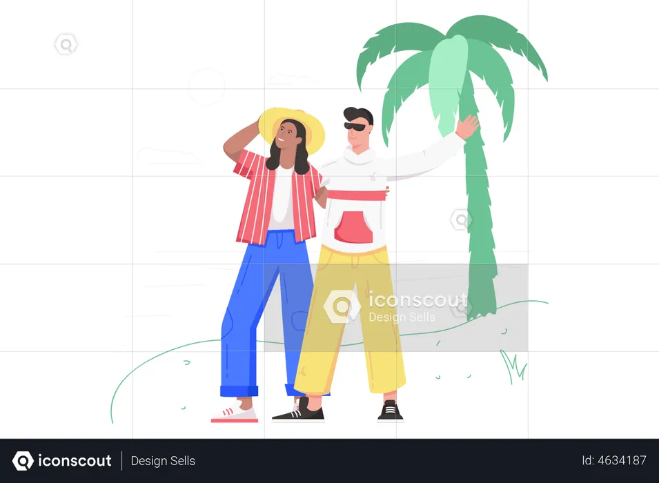 Happy couple walking along beach  Illustration