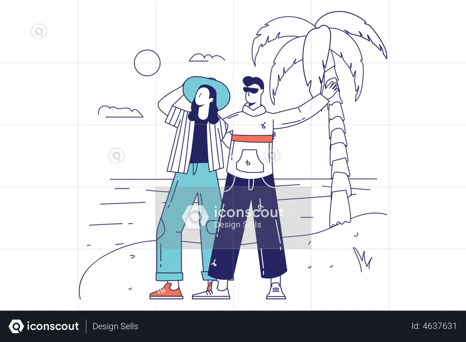 Happy couple walking along beach  Illustration