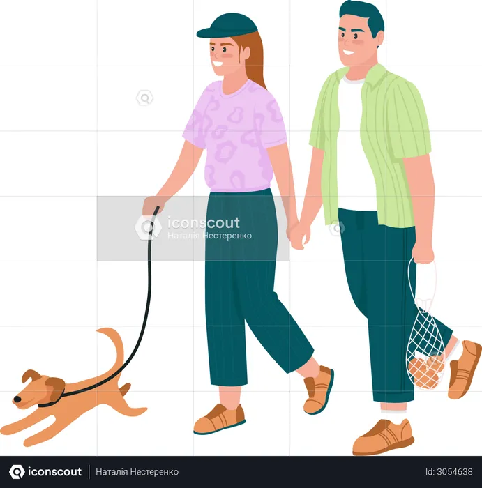 Happy couple walking dog  Illustration
