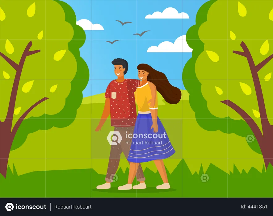 Happy couple walking in park  Illustration