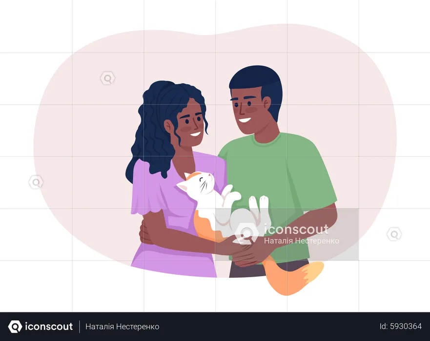 Happy couple with cat  Illustration