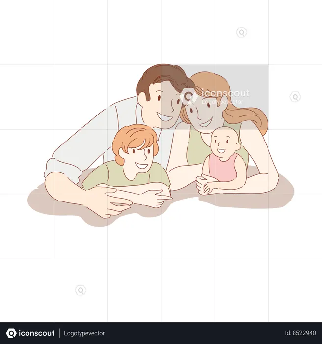 Happy couple with kids, husband and wife with son and toddler, traditional values, childcare, family relationship banner  Illustration