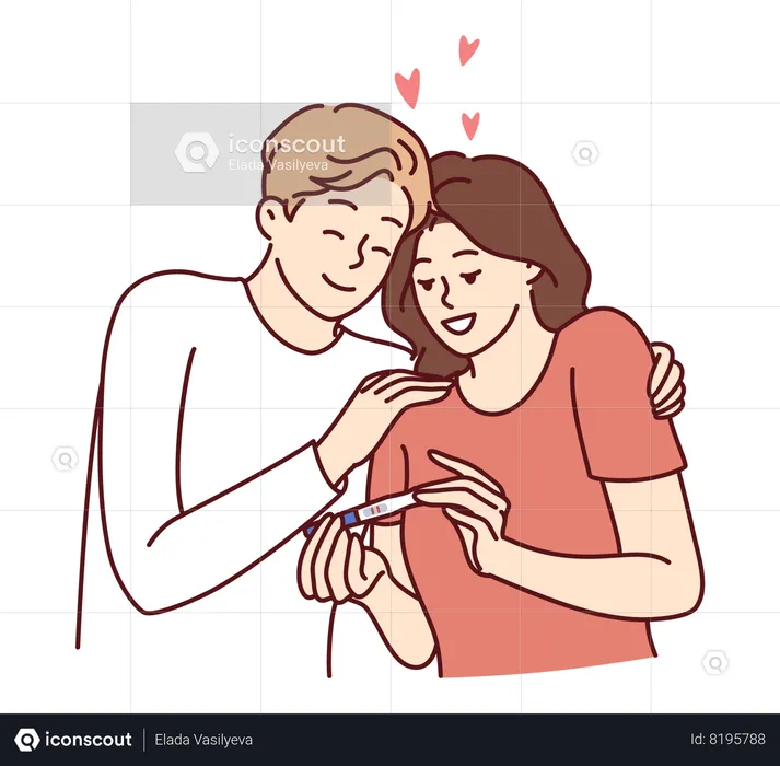 Happy couple with pregnancy test rejoices to see result predicting birth of child  Illustration
