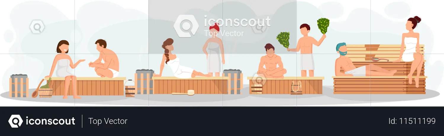 함께 스팀 욕조를 즐기는 행복한 커플  일러스트레이션
