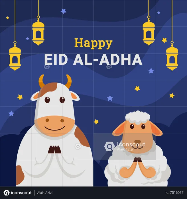 Happy cow and sheep celebrating holy day eid al adha  Illustration