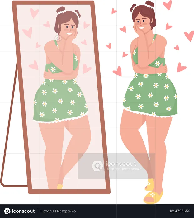 Happy curvy woman looking in mirror  Illustration