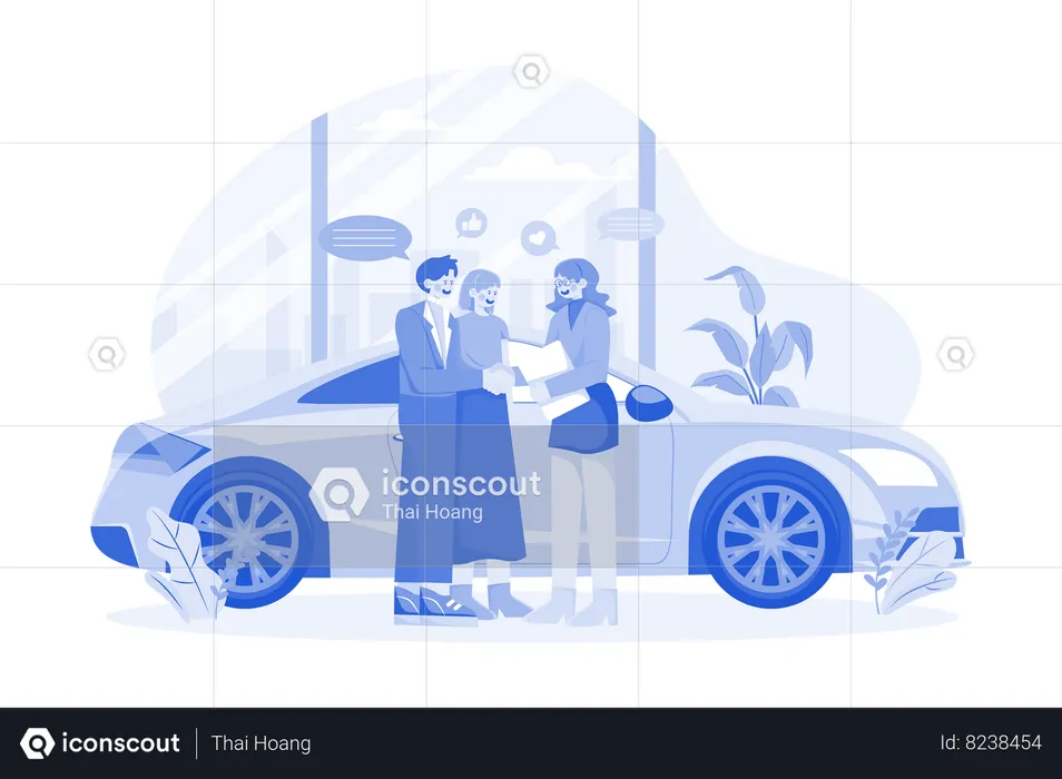 Happy customers couple handshaking with a manager in an auto salon  Illustration