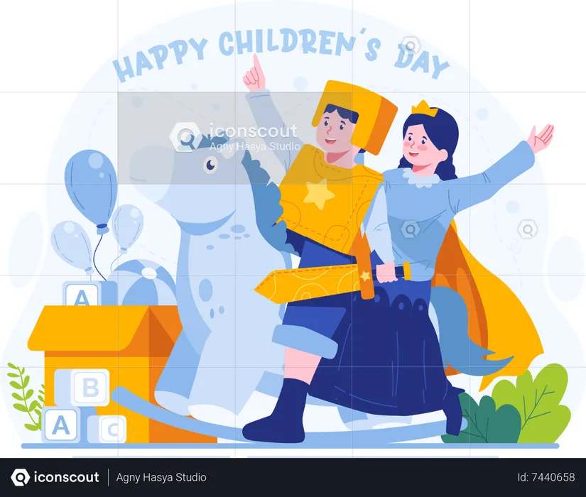 Happy cute boy and girl playing rocking horse as prince knight and princess fairy tale  Illustration