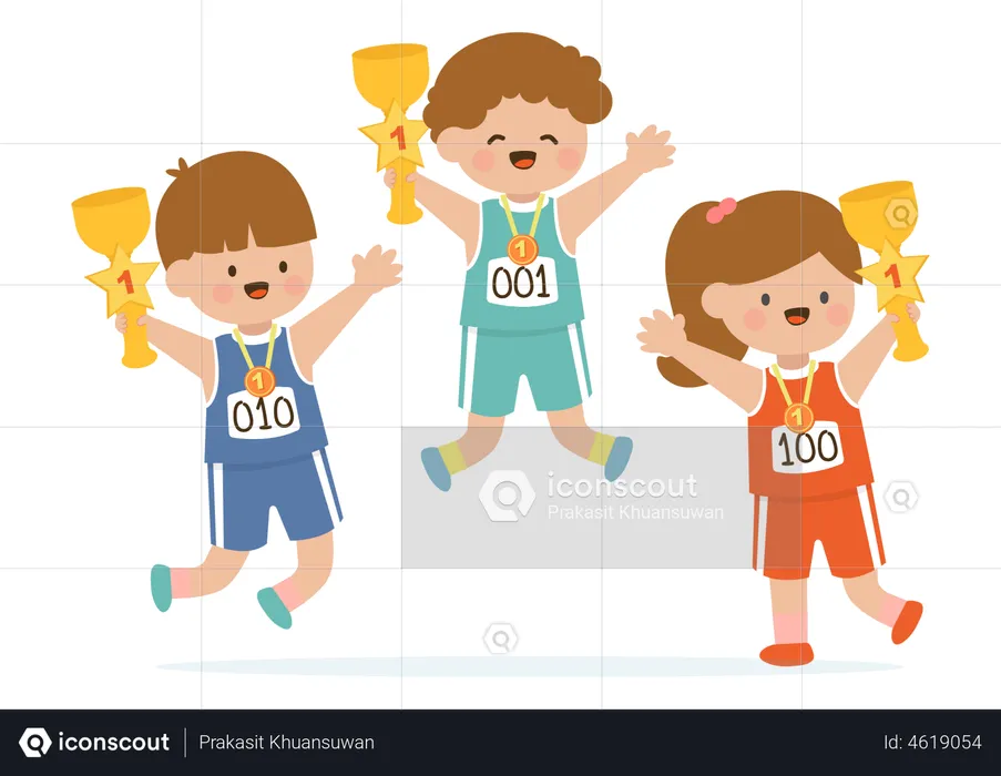 Happy cute little girl and boy holding gold trophy  Illustration
