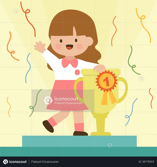 Happy cute little girl standing on stage with gold trophy  Illustration