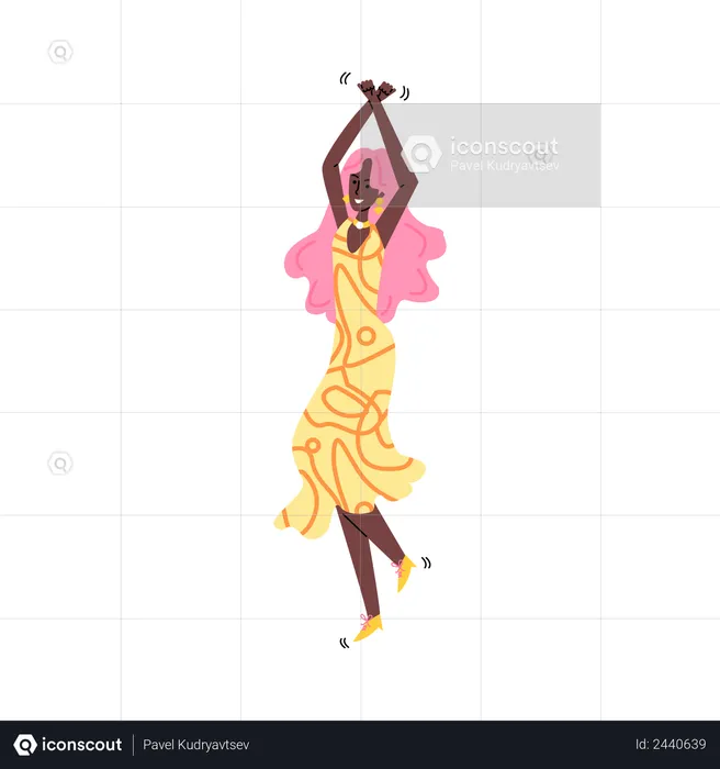 Happy dark skinned girl dancing in sundress and smiling  Illustration