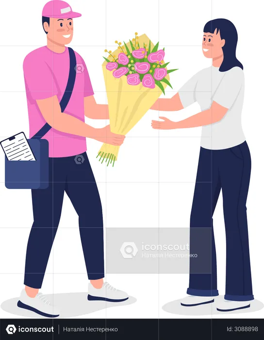 Happy delivery man give woman bouquet  Illustration