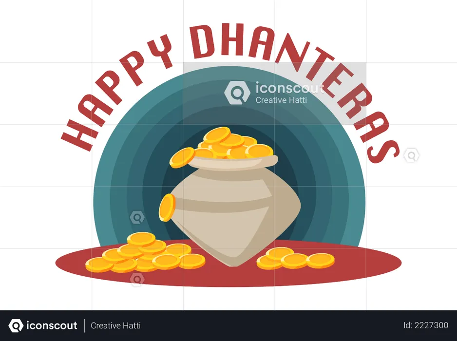 Happy Dhanteras with full of gold coins pot  Illustration