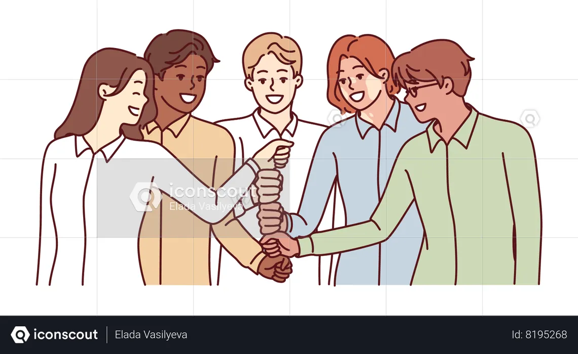 Happy diverse business team of employees celebrating success by building fists tower  Illustration