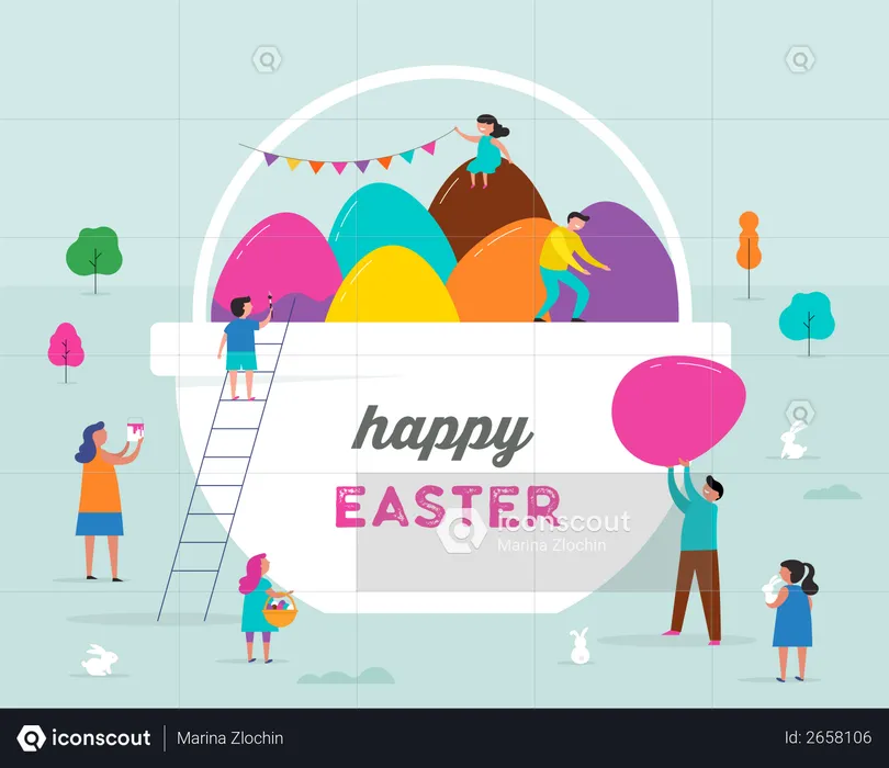 Happy Easter scene with families, kids  Illustration