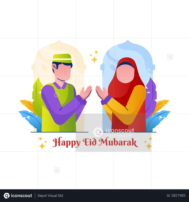 Happy Eid Mubarak greeting by Muslim couple  Illustration