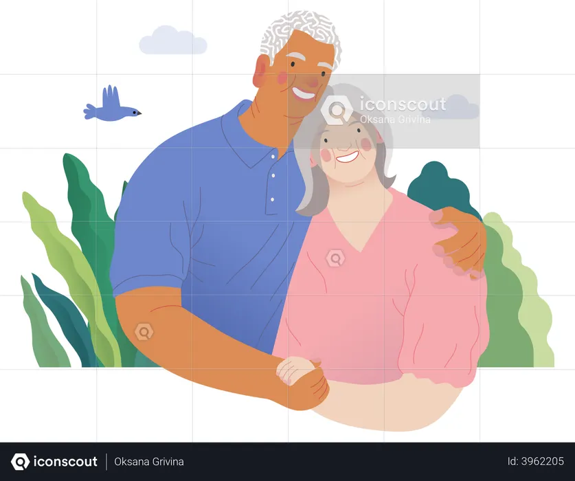 Happy Elderly Couple Hugging  Illustration