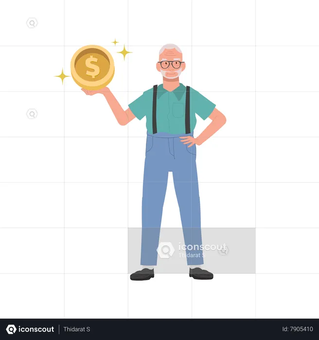 Happy Elderly man Holding Coin  Illustration