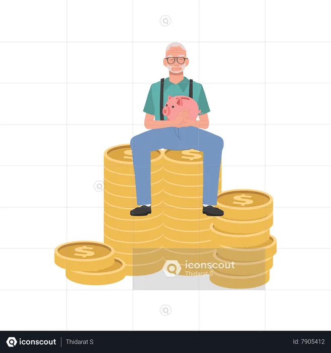 Happy Elderly man Holding Piggy Bank Sitting on Coin Stack  Illustration