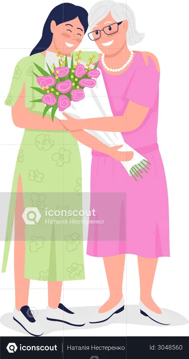 Happy elderly mother with adult daughter  Illustration