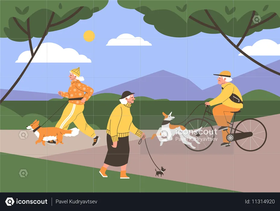 Happy elderly woman and man with dogs on leash as they walk  Illustration