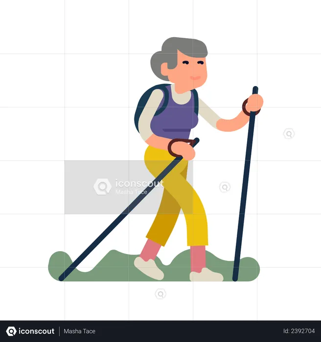 Happy elderly woman having a long walk with walking sticks hiking or trekking  Illustration