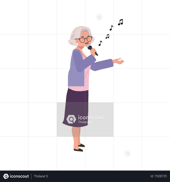 Happy Elderly Woman Singing,  Active Senior Citizen Enjoys Expressive Karaoke  Illustration
