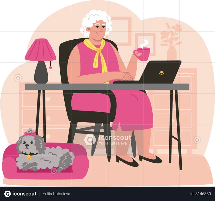 Happy elderly woman works on the laptop  Illustration