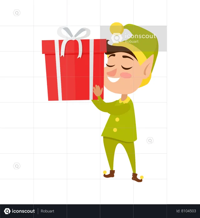 Happy Elf with big Present  Illustration