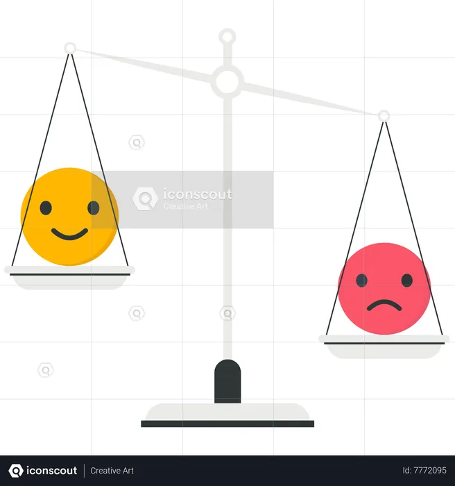 Happy emoticon and sad emoticon on scale  Illustration