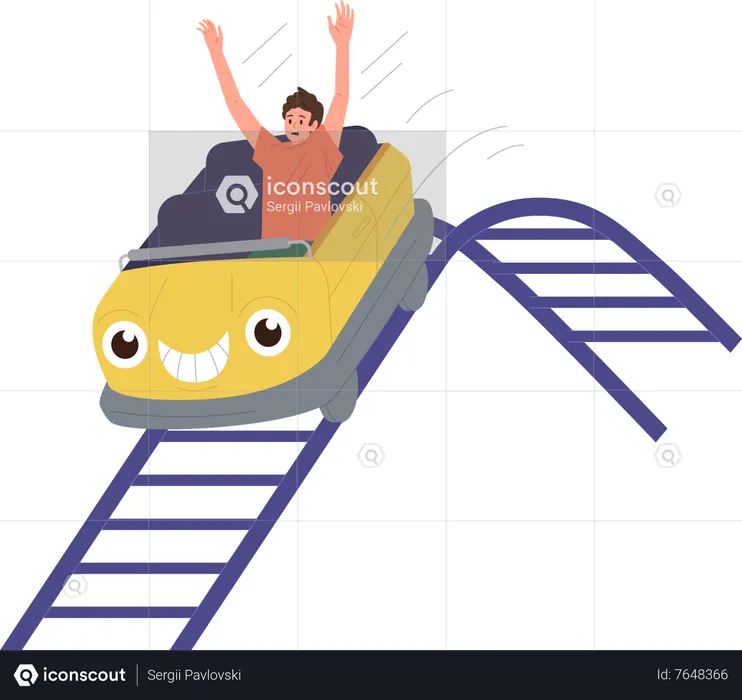 Happy excited teenager boy riding rollercoaster racing along rails having fun in amusement park  Illustration