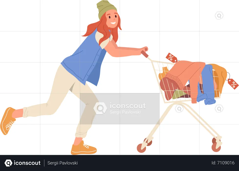 Happy excited woman shopaholic pushing trolley cart with fashion clothes purchased with discount  Illustration