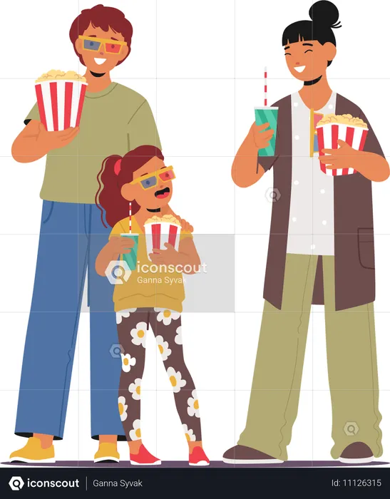 Happy Family Adults And Child Enjoying Movie At Cinema  Illustration