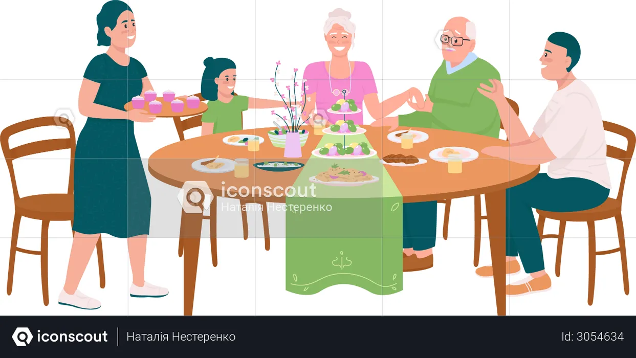 Happy family at dining table for Easter  Illustration