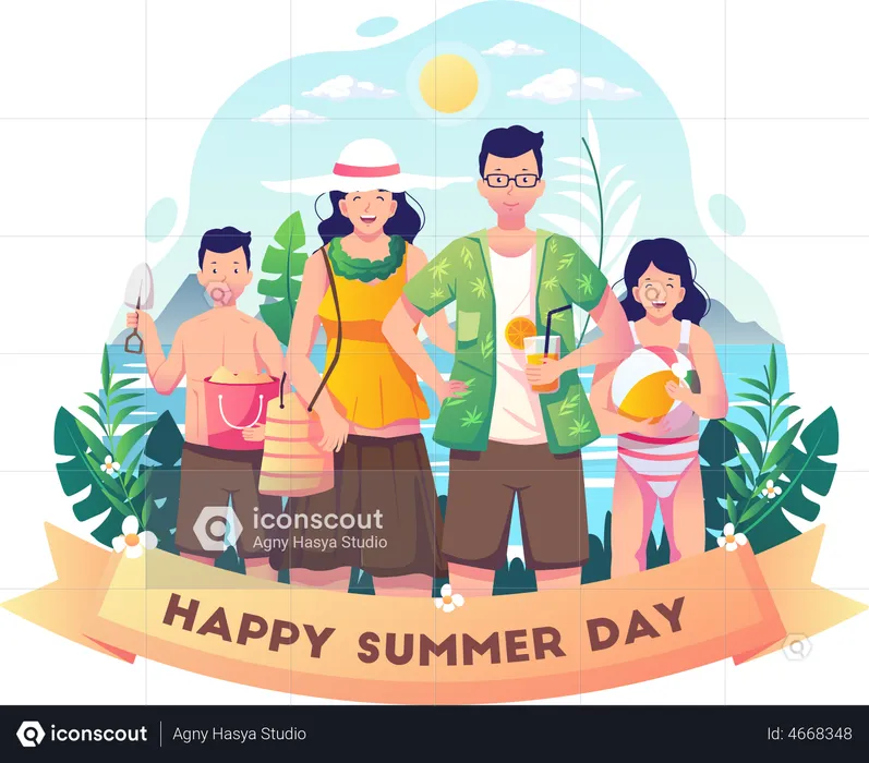 Happy family celebrates summer day on the beach  Illustration