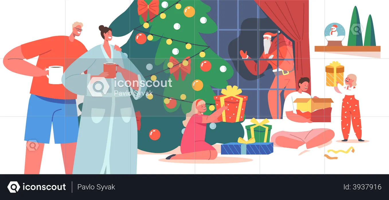 Happy Family Celebration Christmas At Home  Illustration