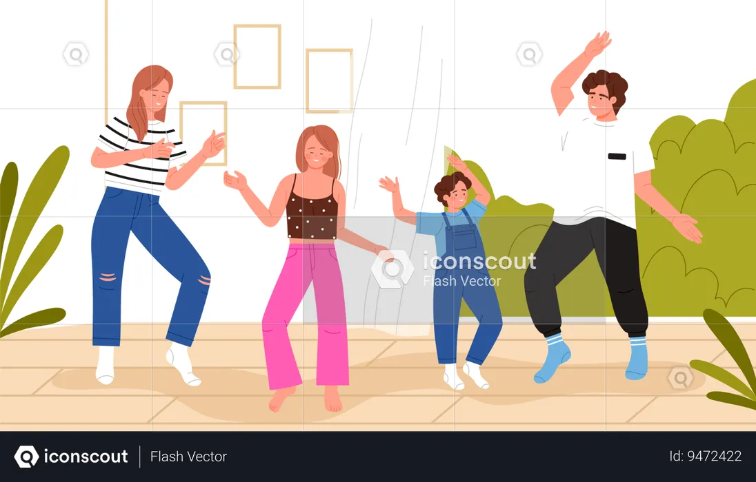 Happy family dance in home  Illustration