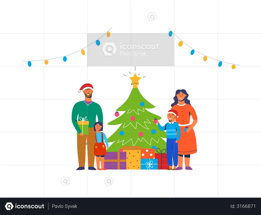 Happy Family Decorating Christmas Tree  Illustration