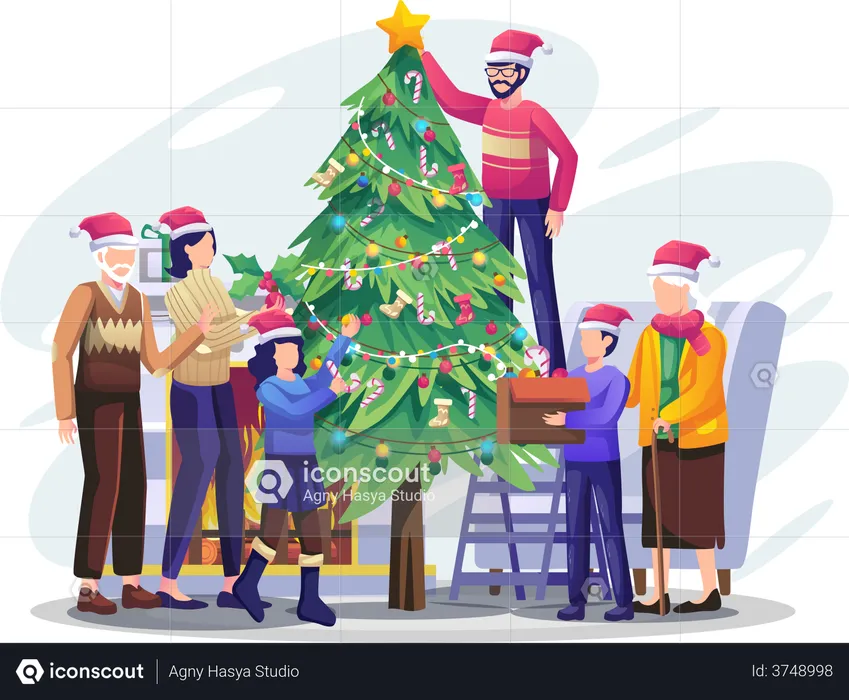 Happy family decorating Christmas tree  Illustration