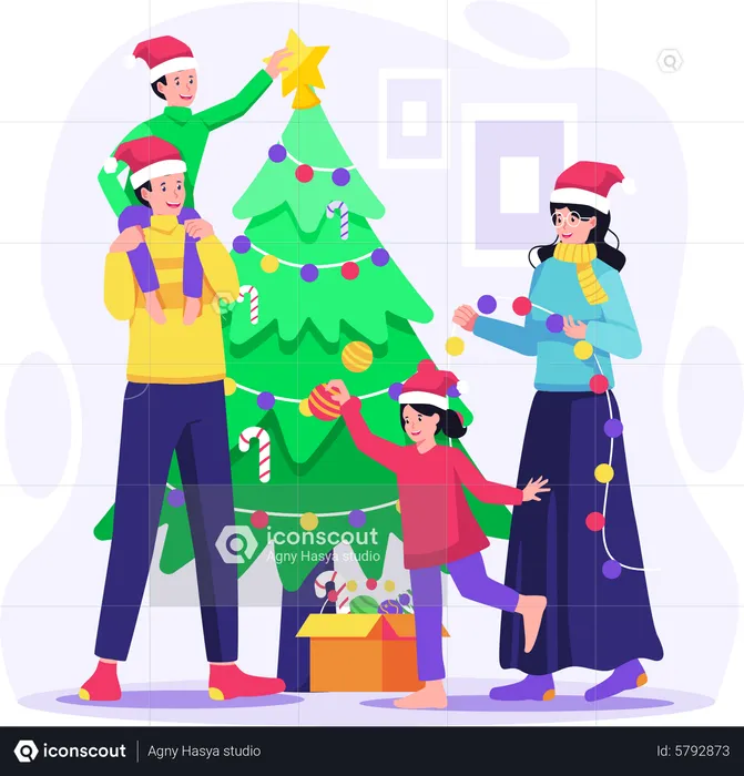 Happy Family decorating Christmas tree together at Home  Illustration