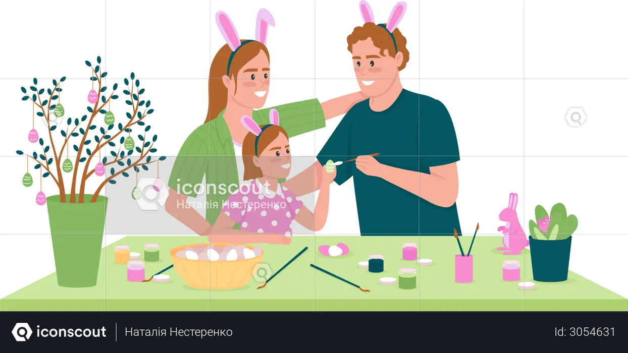 Happy family decorating Easter eggs  Illustration