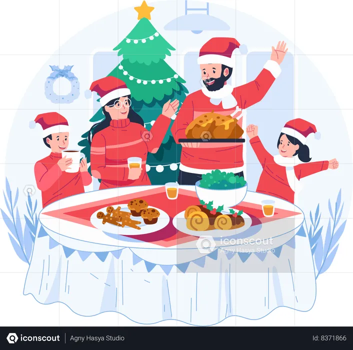 Happy Family Enjoying Christmas Dinner Together at Home  Illustration