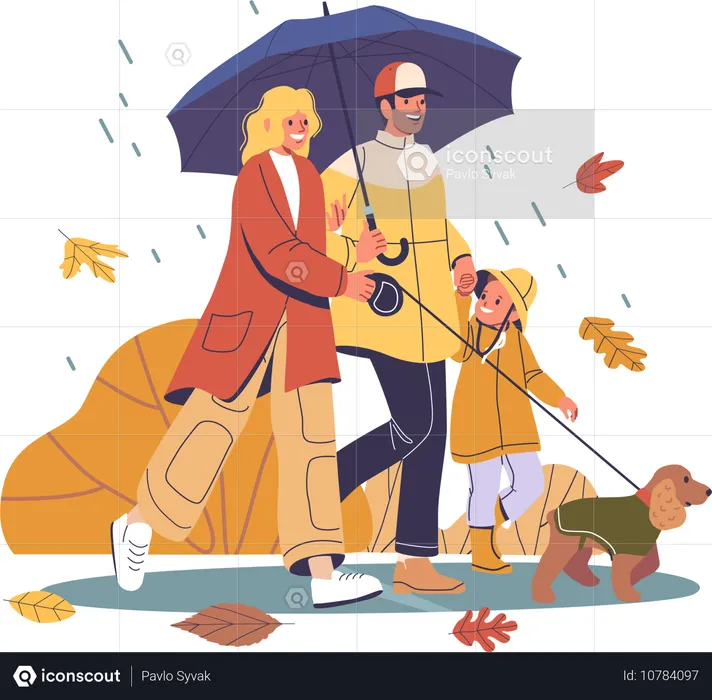 Happy Family Enjoying Walk In Autumn Rain  Illustration