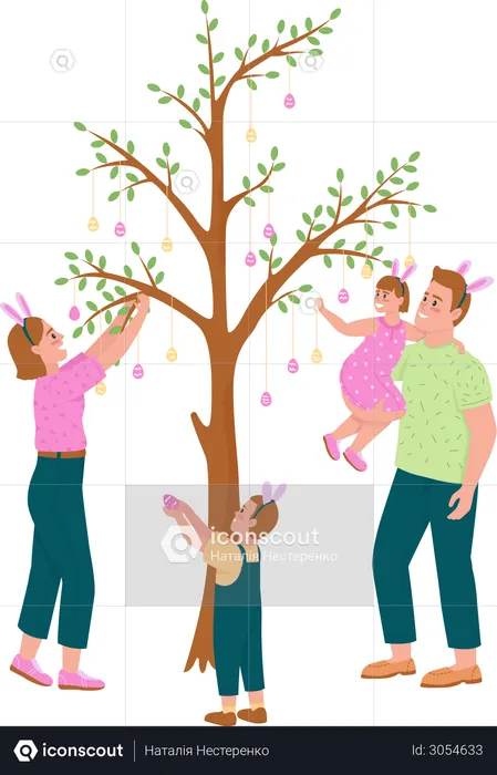 Happy family hanging Easter eggs on tree  Illustration
