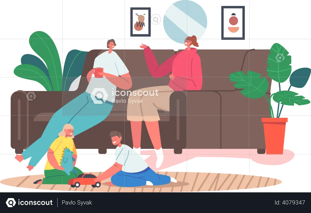 Happy family inside home doing own activities  Illustration