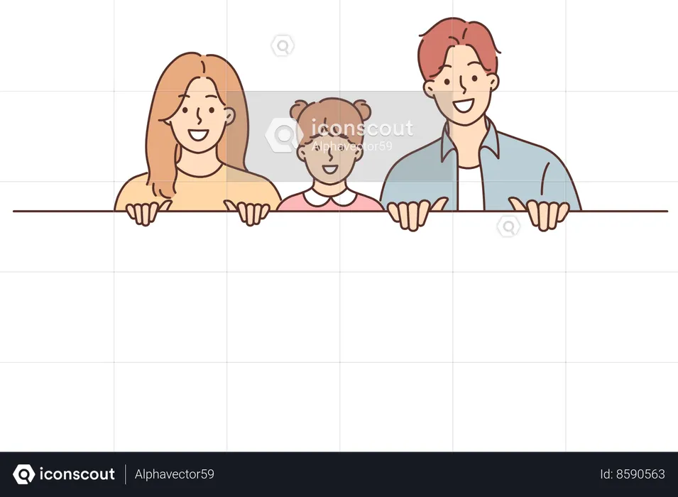 Happy family is holding white banner  Illustration